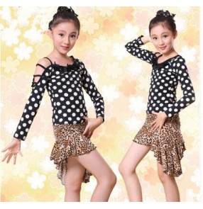 Black red polka dot long sleeves girls kids children stage performance competition professional latin salsa rumba samba dance dresses outfits costumes